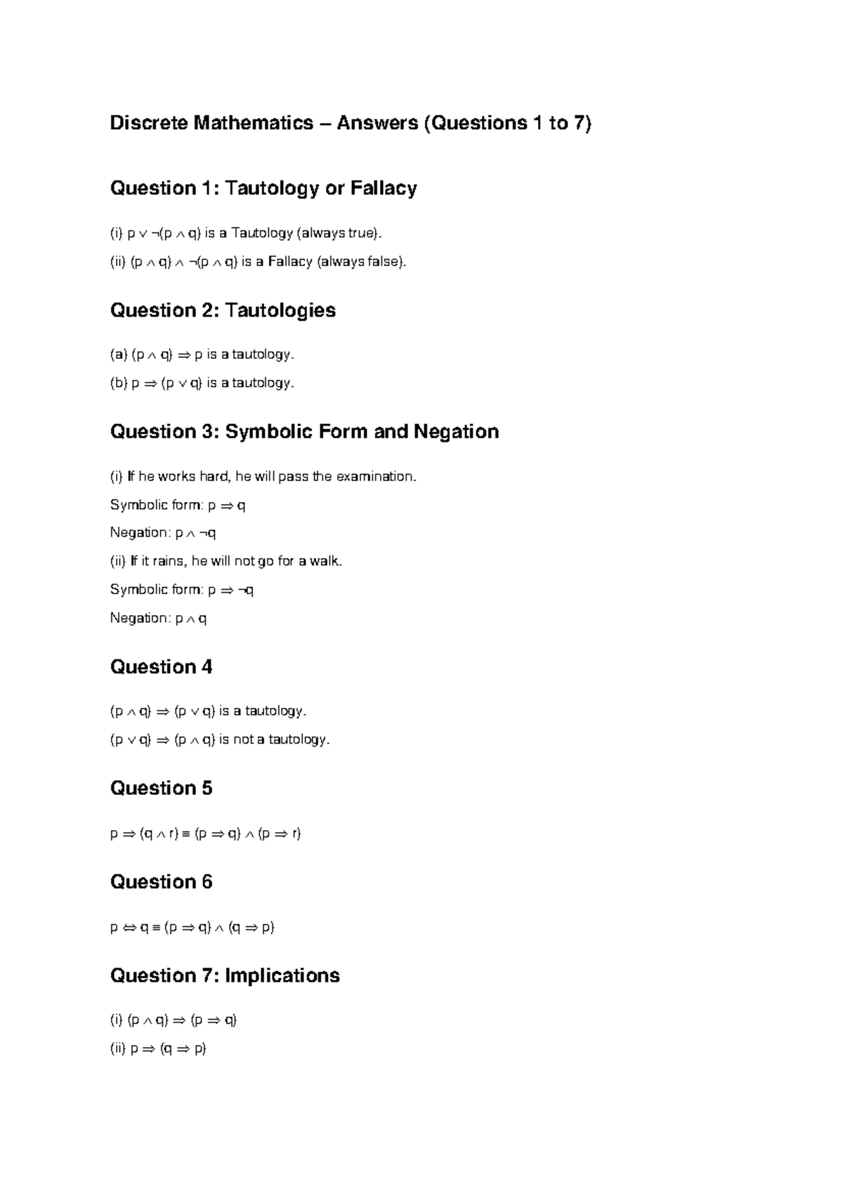 Discrete Mathematics Answers: Q1 to Q7 Solutions - Studocu