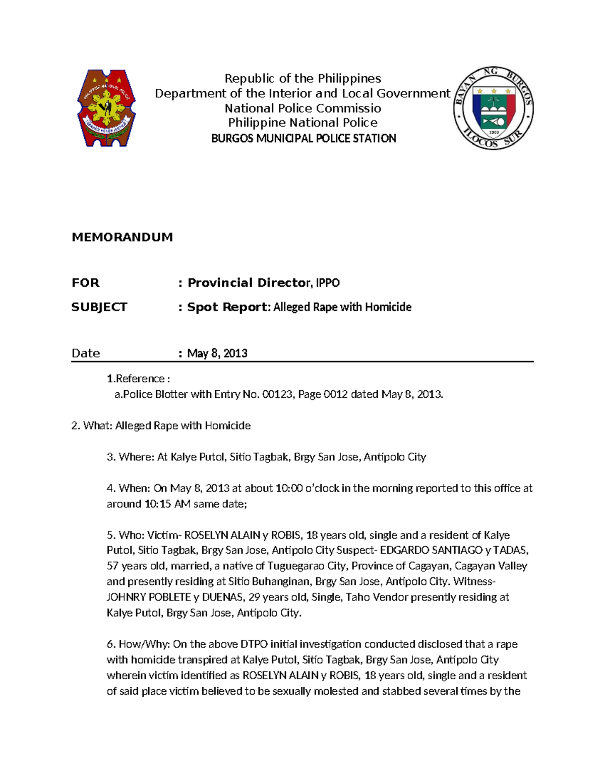Spot Progress and Final Report: Alleged Rape with Homicide Case - Studocu