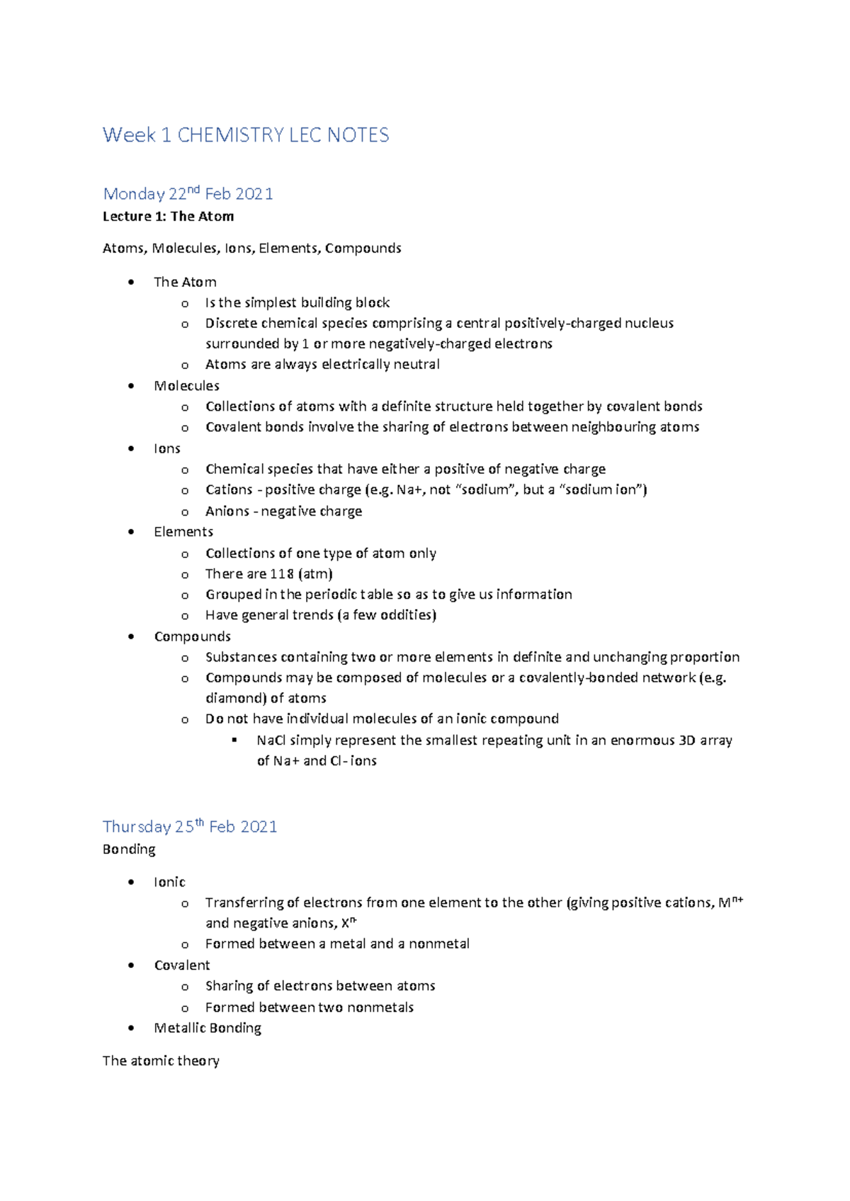 Week 1 CHEM 101 Lecture Notes: Understanding Atomic Structure - Studocu