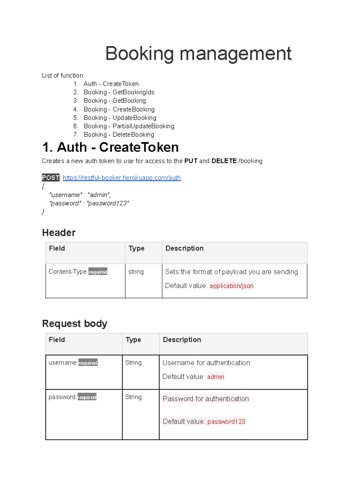 Booking Document - api - Booking management List of function: 1. Auth ...