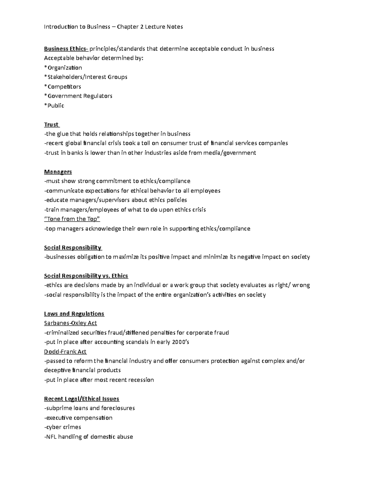 Business Ethics and Social Responsibility Lecture Notes - Chapter 2 ...