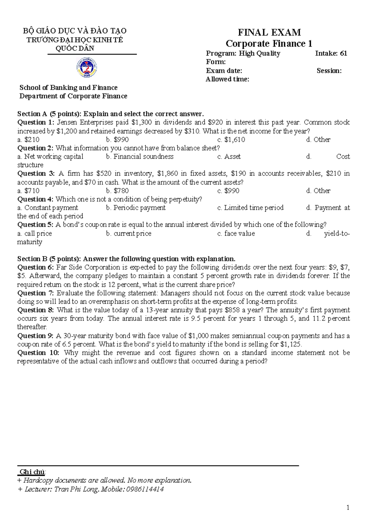 Final Exam Notes for Corporate Finance 1 (2021b) - Studocu