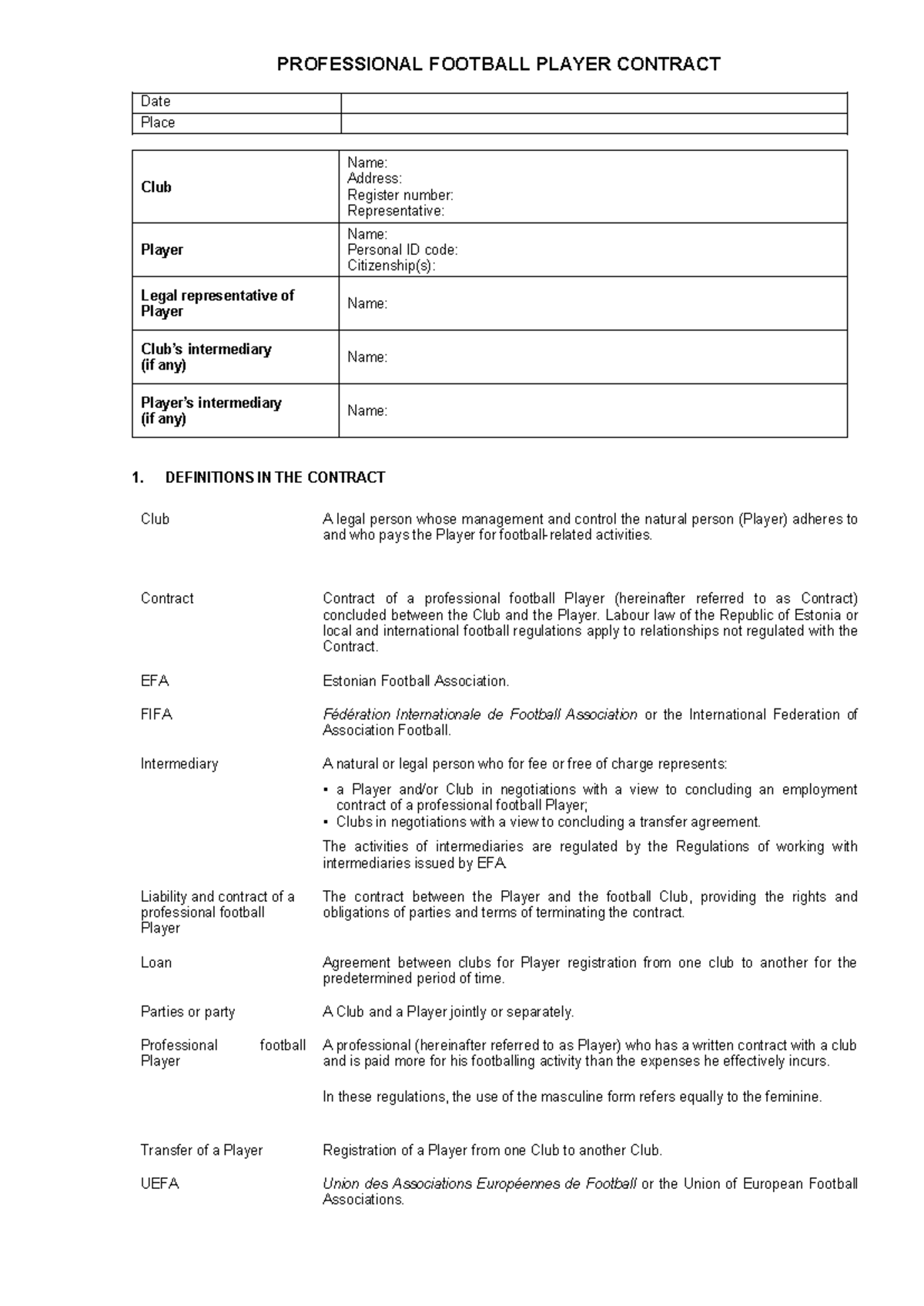 ENG - Professional Football Player Contract Template - Studocu