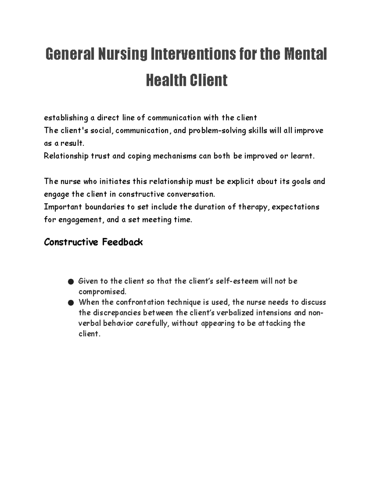 General Nursing Interventions for the Mental Health Client - General ...