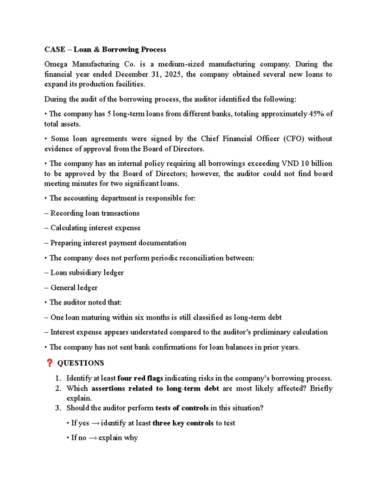 CASE Audit of Loan Borrowing Process at Omega Manufacturing Co. - Studocu