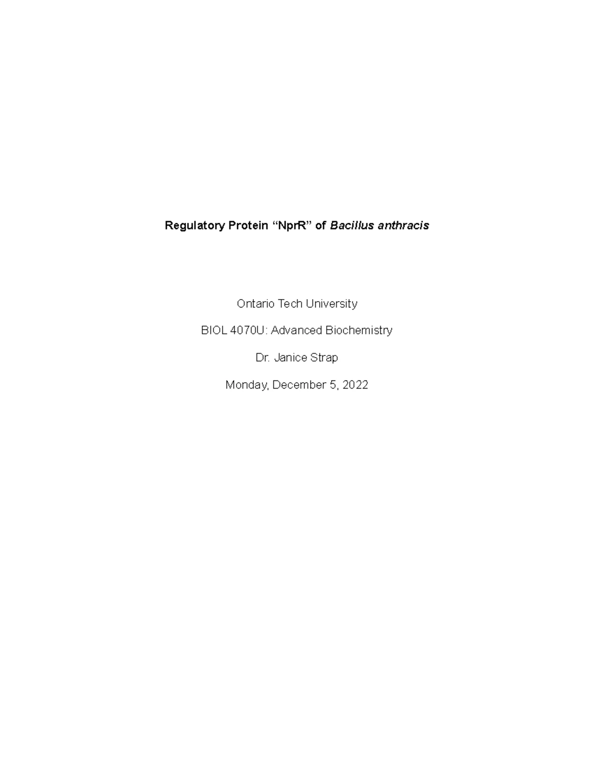 Syllabus for BIOL 4070U: Advanced Biochemistry - Fall 2024 Final - Studocu