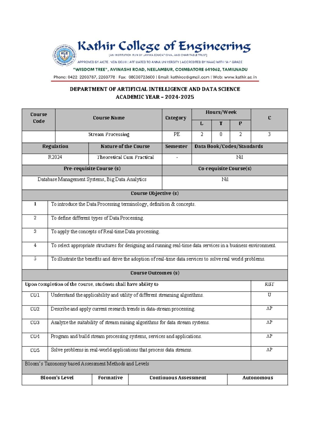 KCE R-24 Stream Processing Syllabus for 2024 Academic Year - Studocu