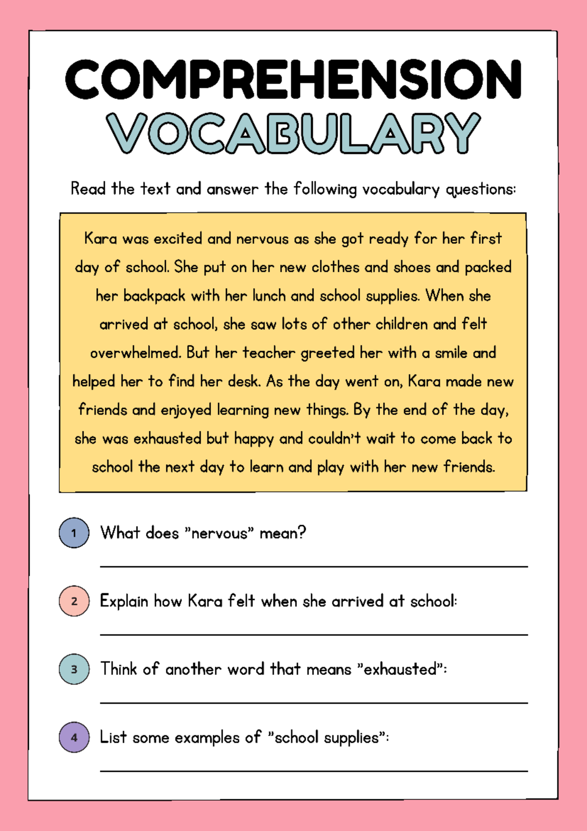 Reading Comprehension Vocabulary English Worksheet in Colorful ...
