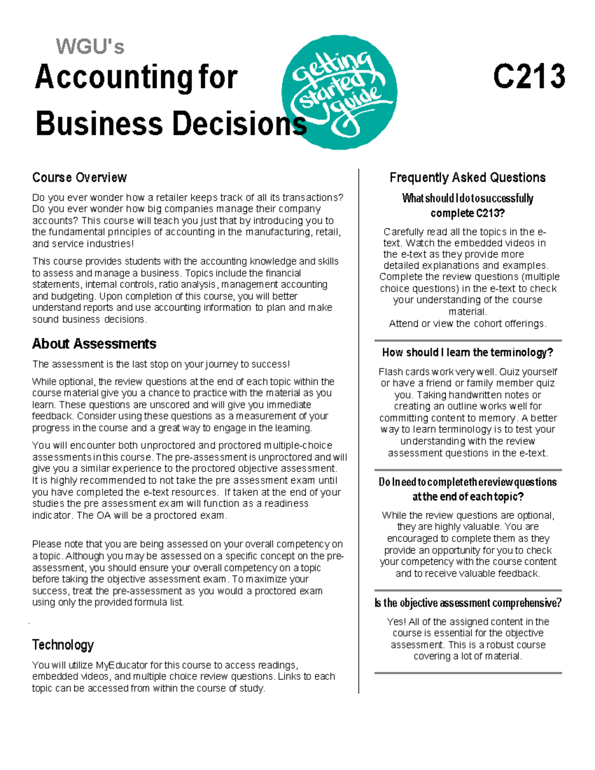 C213 Accounting for Business Decisions: Course Overview & Guide - Studocu