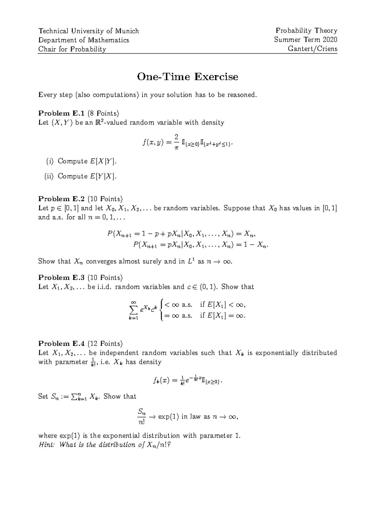 Probability Theory Exam - Summer Term 2020 (TUM) - Studocu