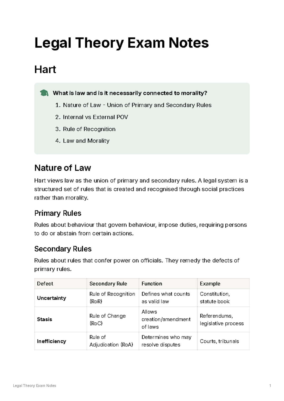 Legal Theory Exam Notes (Hart): Law, Morality, and the Rule of ...
