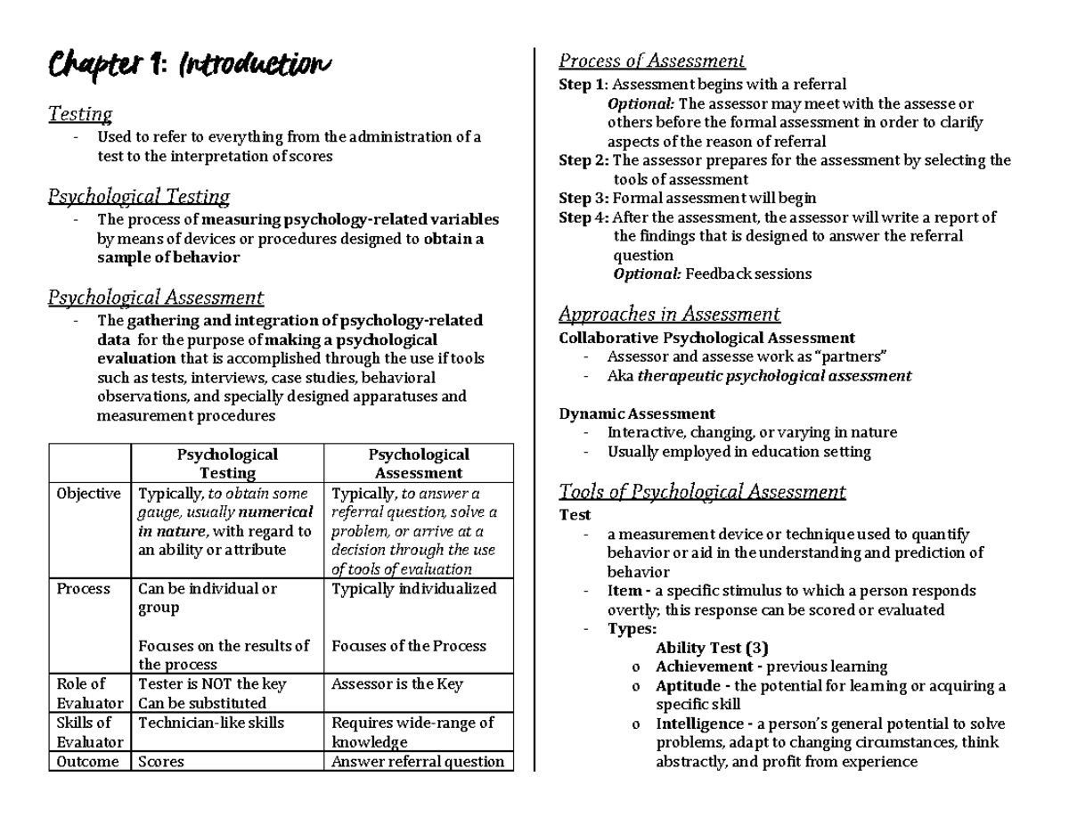 Psych-Assessment: Chapter 1 - Introduction to Psychological Testing ...
