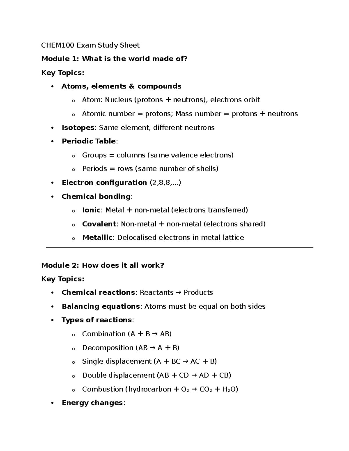 CHEM100 Final Exam Study Guide: Key Concepts & Topics Overview - Studocu