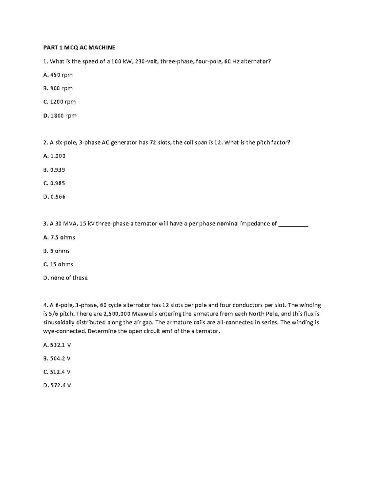 PART 1 MCQ AC MACHINE: Key Concepts and Questions - Studocu