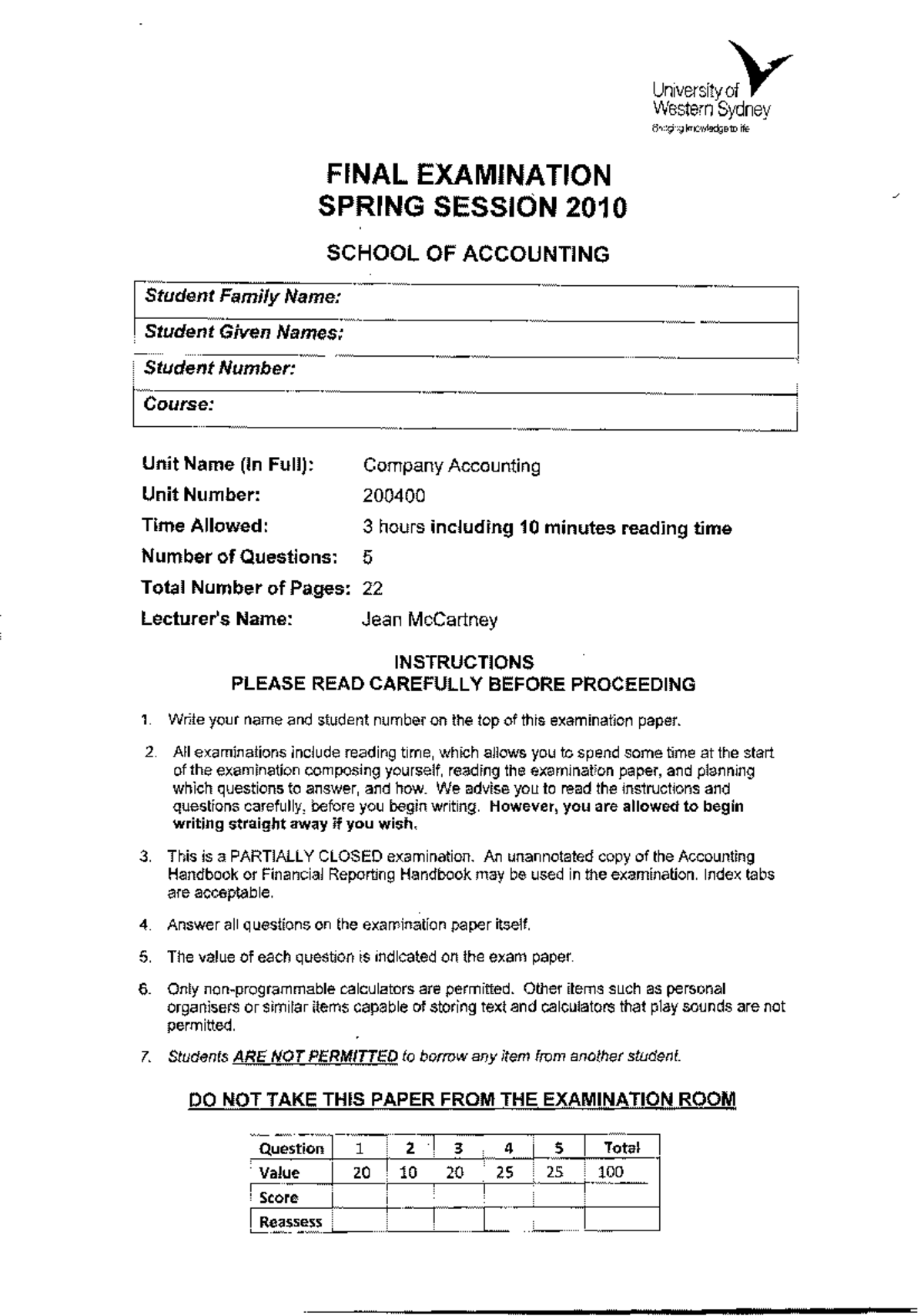 Exam 2010, questions - Past exam - UniversityY Western Sydney Bringing ...