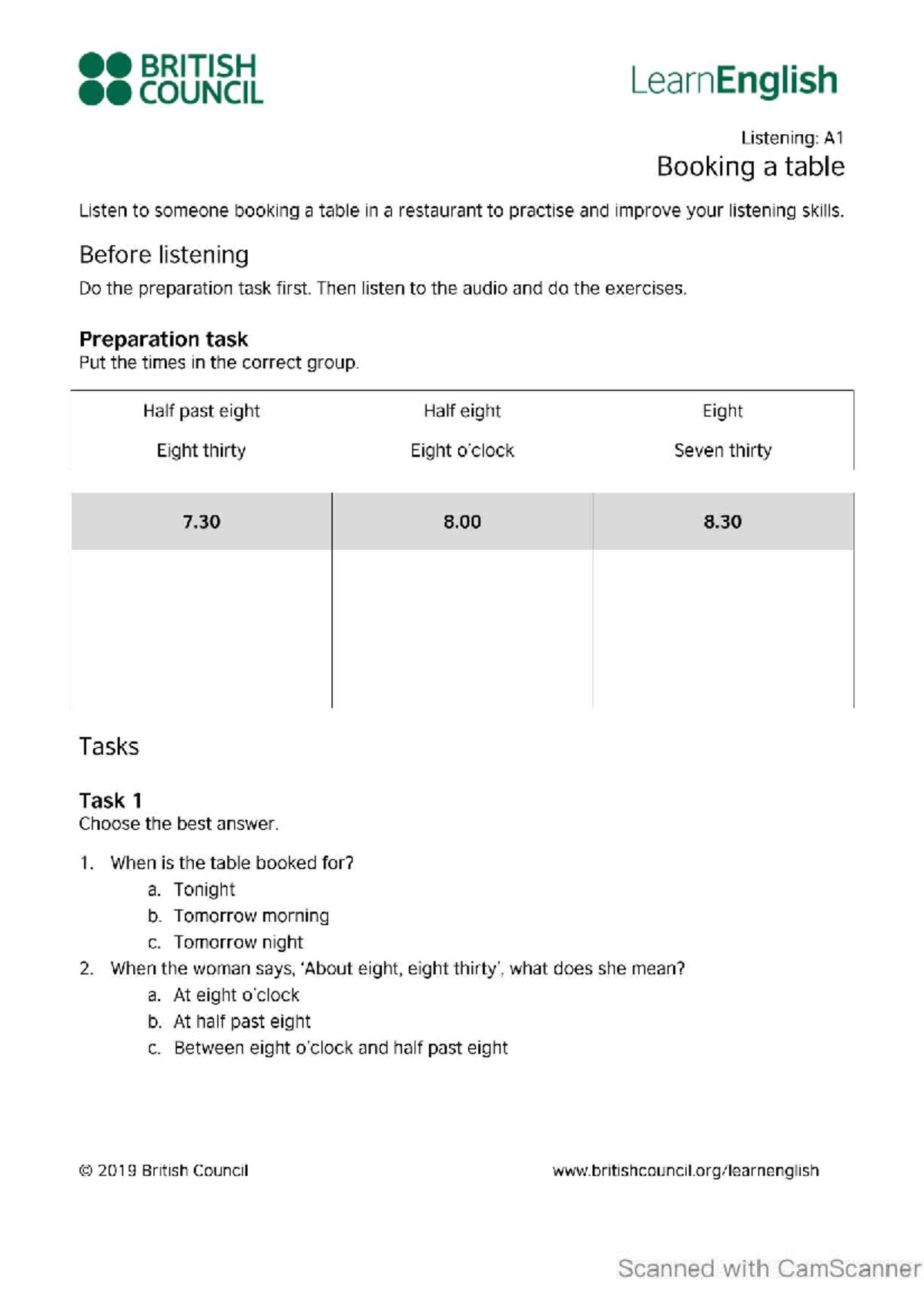 33 LearnEnglish Listening: A1 Restaurant Table Booking Practice - Studocu