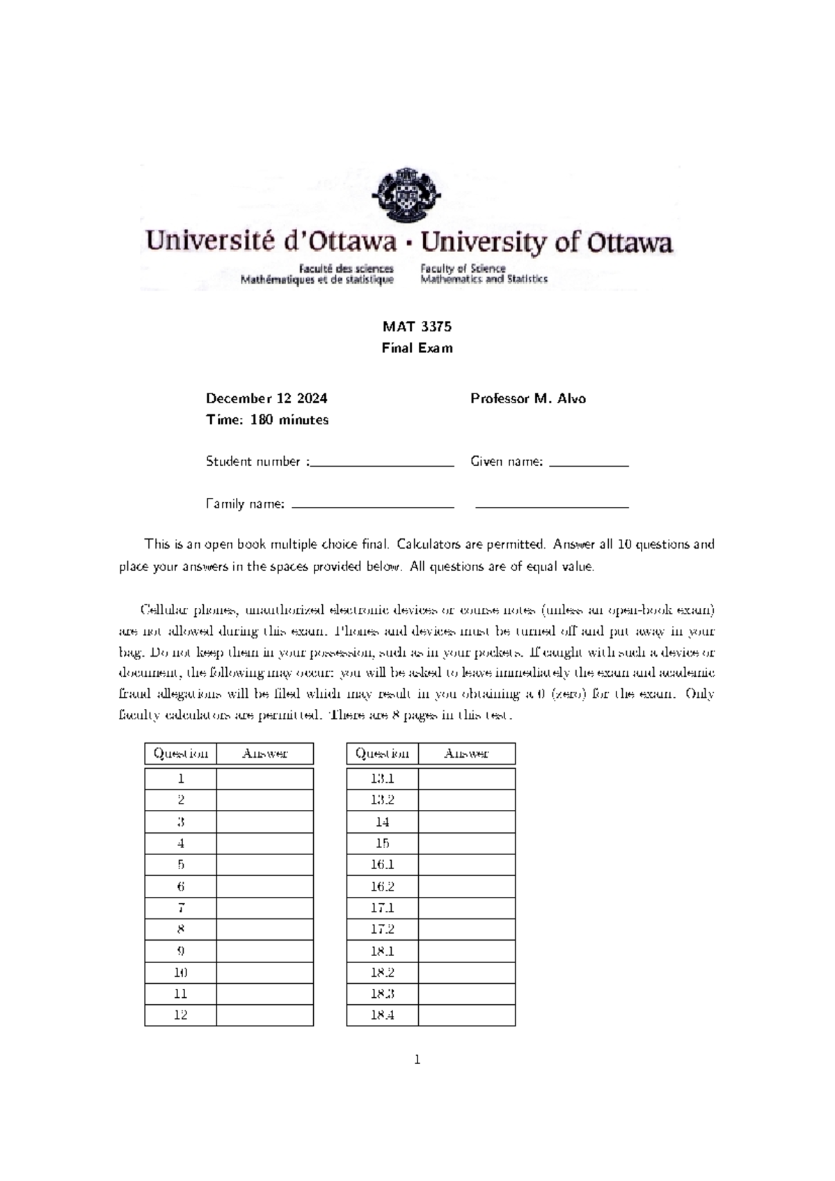 MAT 3375 Final Exam Study Guide - December 12, 2024 - Studocu