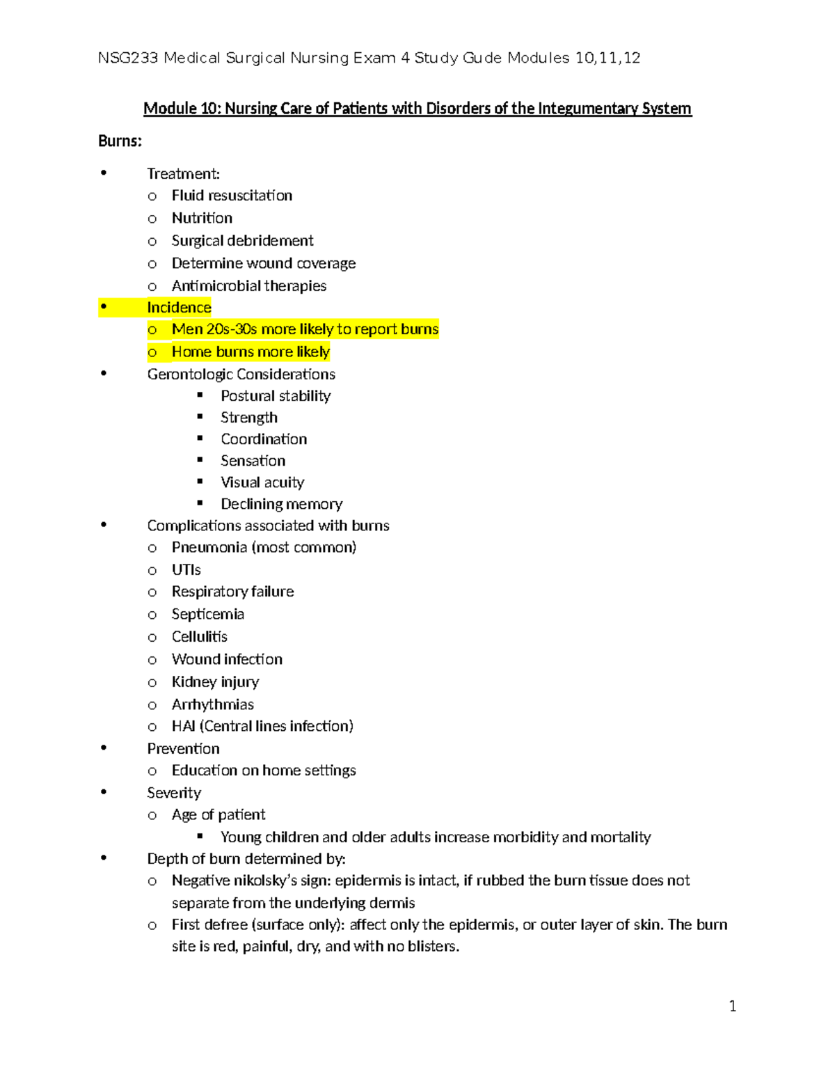 NSG233 Medical Surgical Nursing III Exam 4 Study Guide: Burns and HIV ...