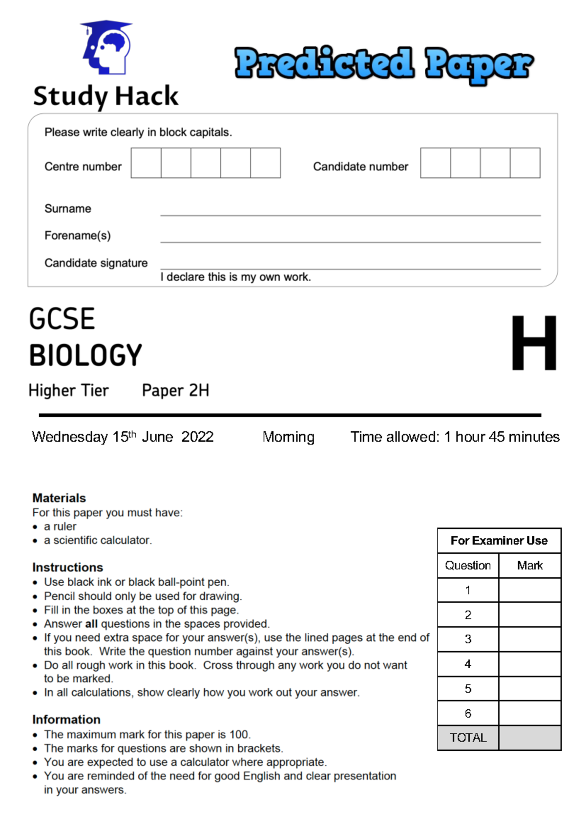 Final AQA GCSE Biology Predicted Paper 2H for June 2022 Exam - Studocu