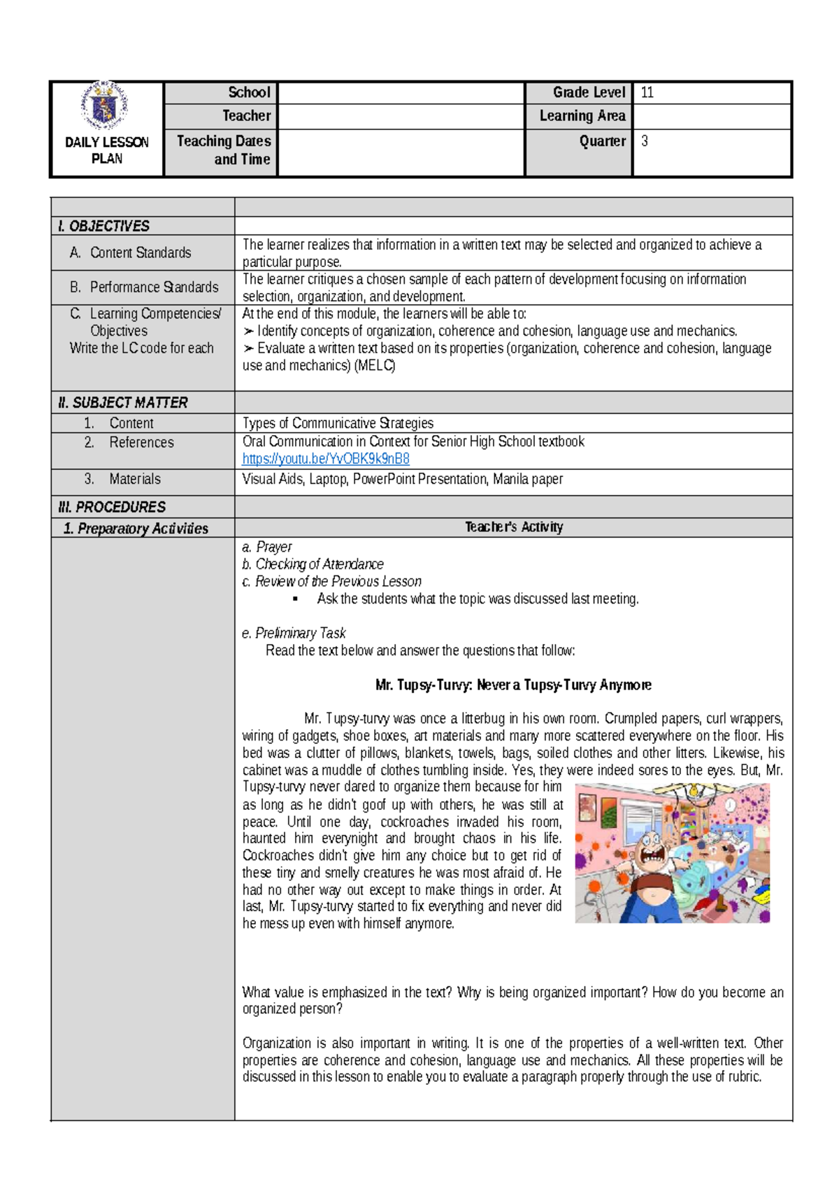 Lesson Plan for Grade 11: Organization and Coherence in Writing - Studocu
