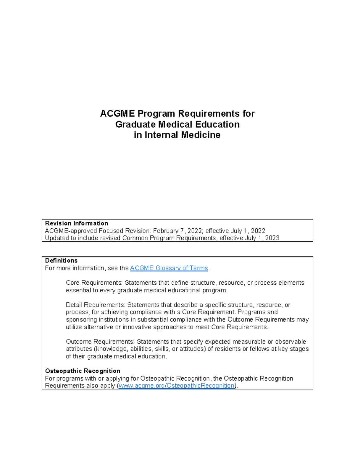 ACGME Internal Medicine 2023 Residency Program Requirements - Studocu