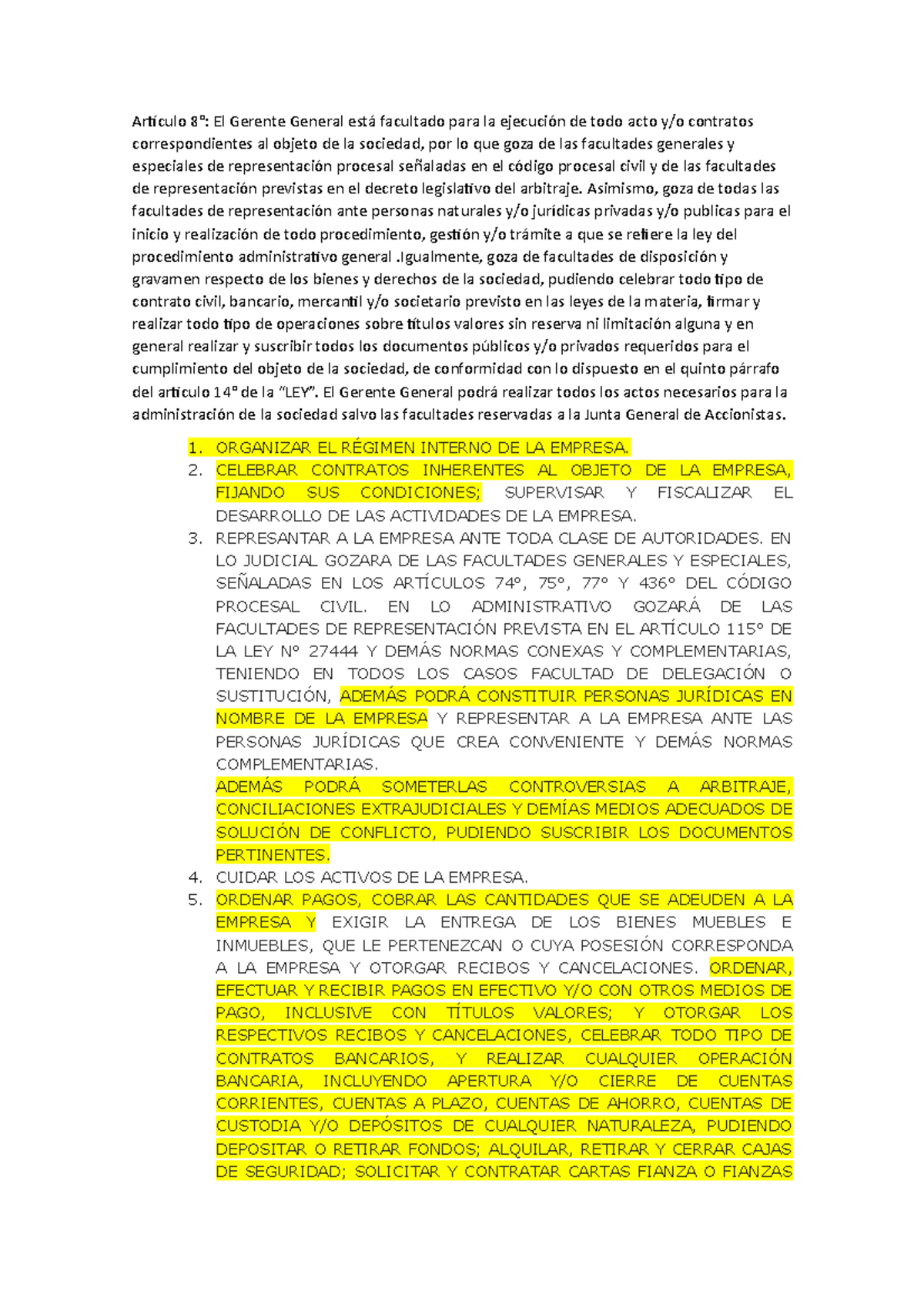 Facultades del Gerente General según Artículo 8 y Normativas Legales - Document Preview