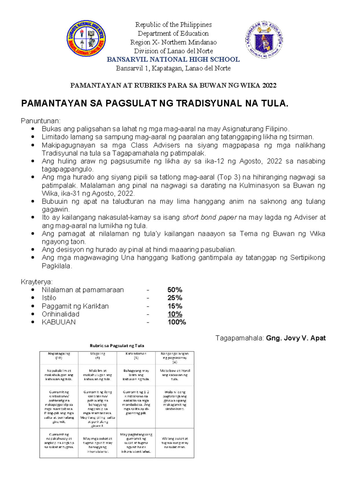 Pamantayan at Rubriks sa Buwan ng Wika 2022 para sa Lanao del Norte ...
