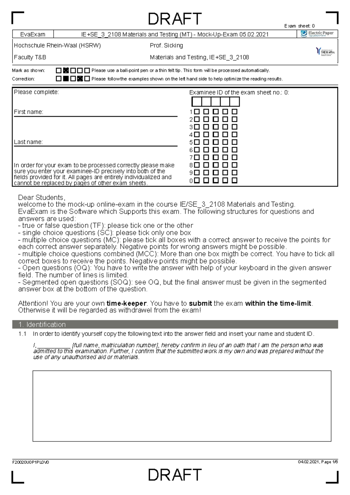 Mock-Up Exam Sheet: Materials and Testing (MT) - 05.02.2021 - Studocu