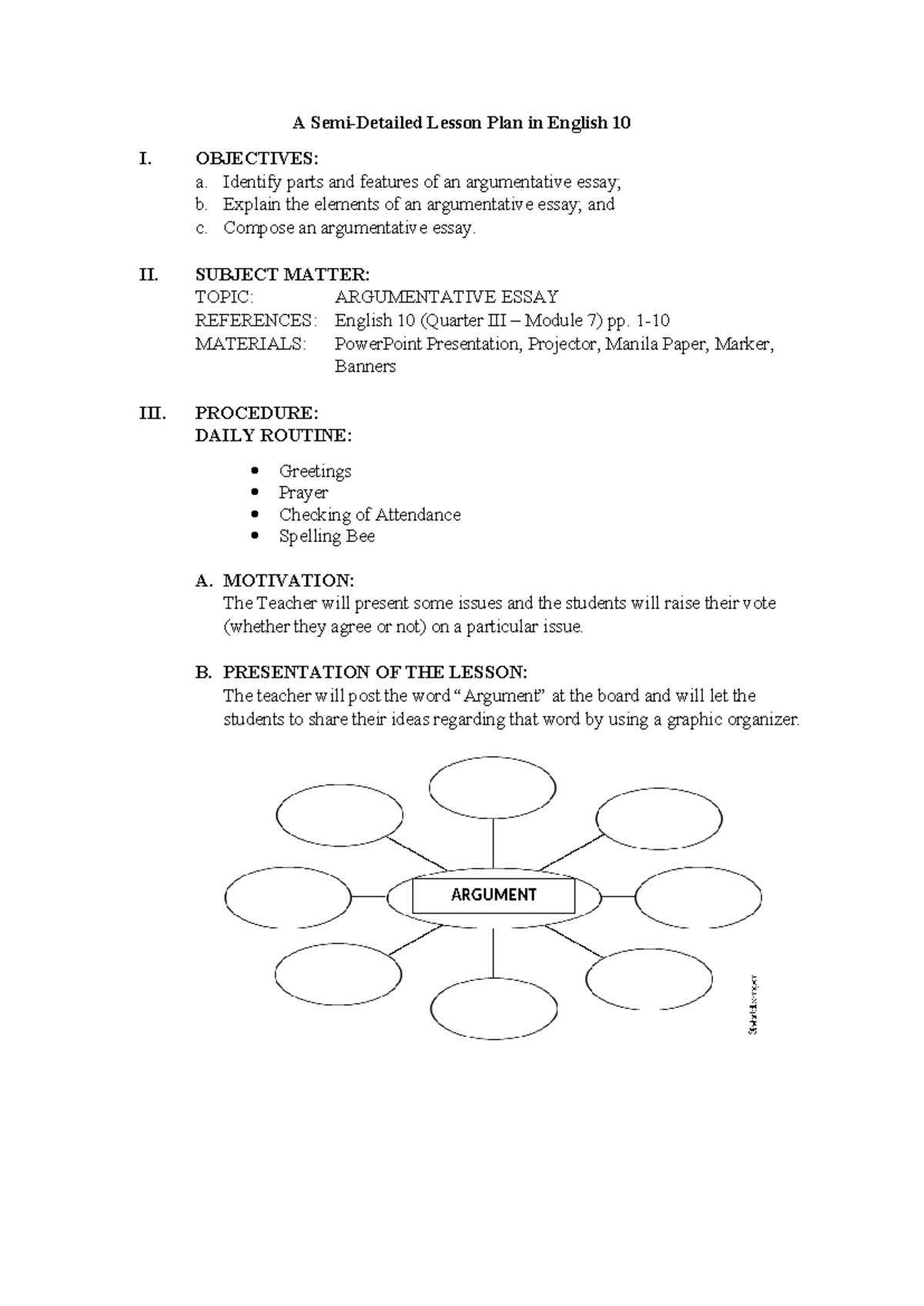 Detailed LP on Argumentative Essay – English 10 Lesson Plan - Studocu