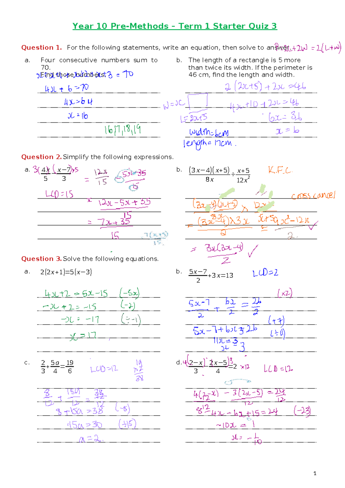 10Pre M - Term 1 Starter Quiz 3 Solutions and Answers - Studocu