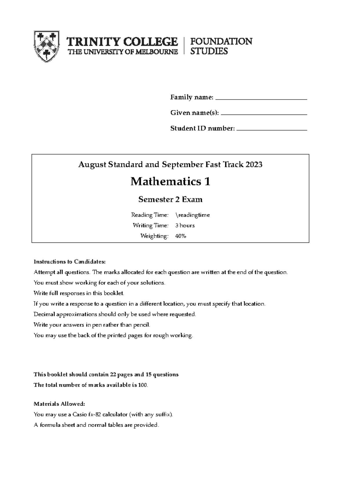 AS23 Final Exam - Mathematics 1 Semester 2 August/September 2023 - Studocu