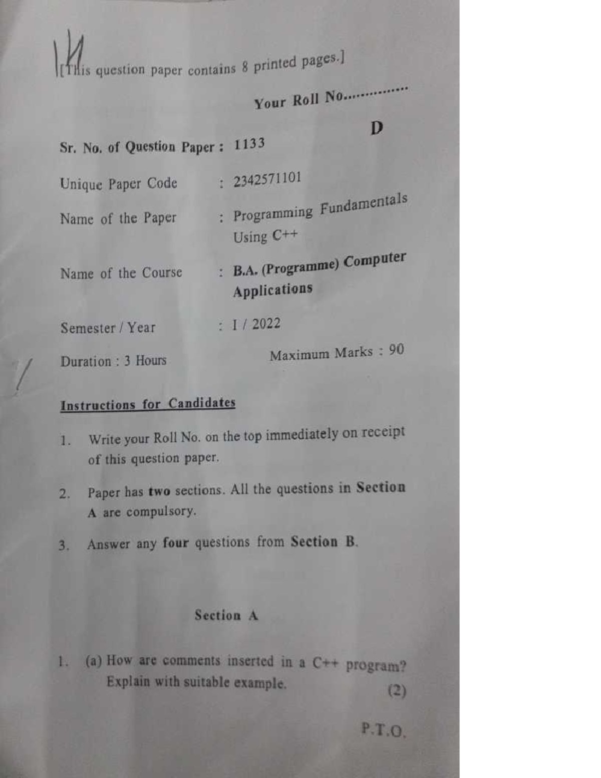 C++ Programming Fundamentals B.A. (Prog) 2022 - Past Year Questions ...