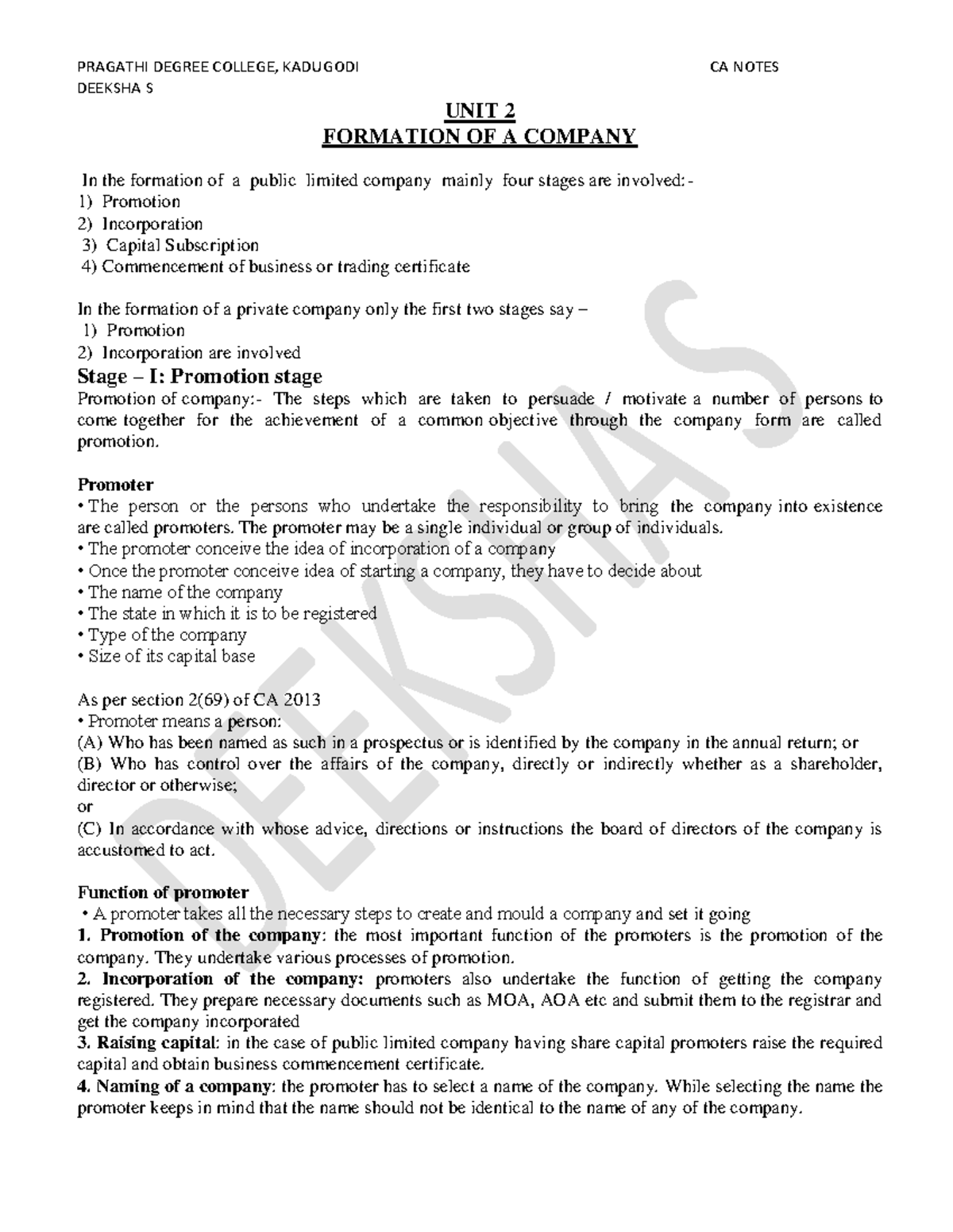 CA UNIT 2 NOTES: FORMATION OF A COMPANY - DEEKSHA S. - Studocu