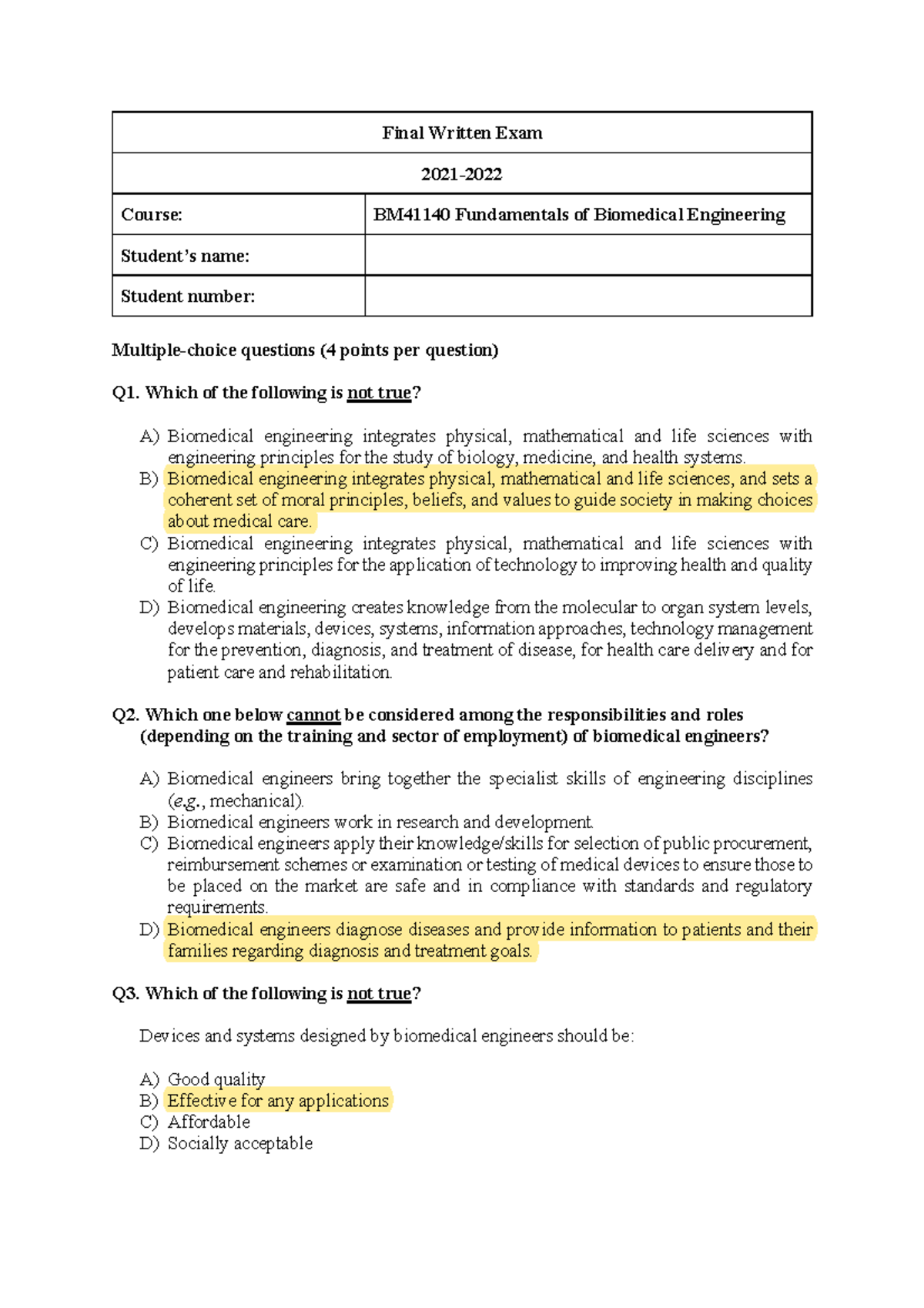 BM41140 Final Written Exam: Fundamentals of Biomedical Engineering ...