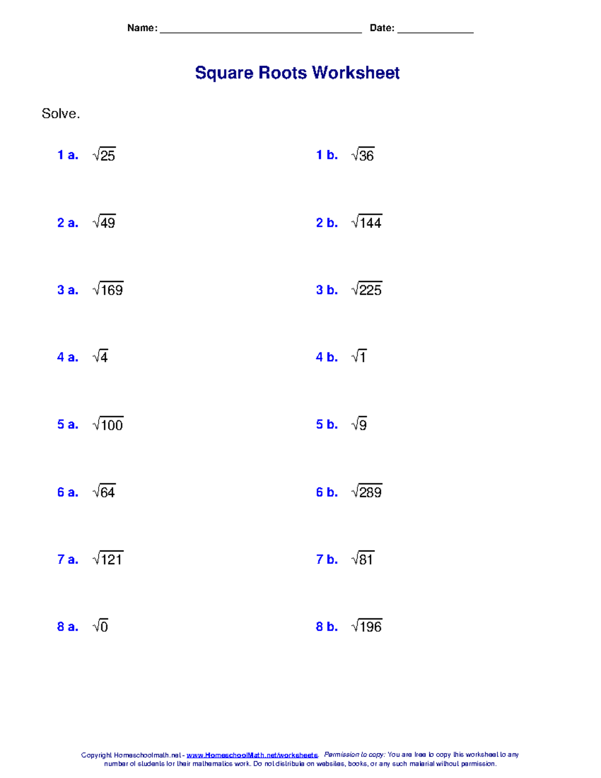 Square Roots Worksheet - Name ...