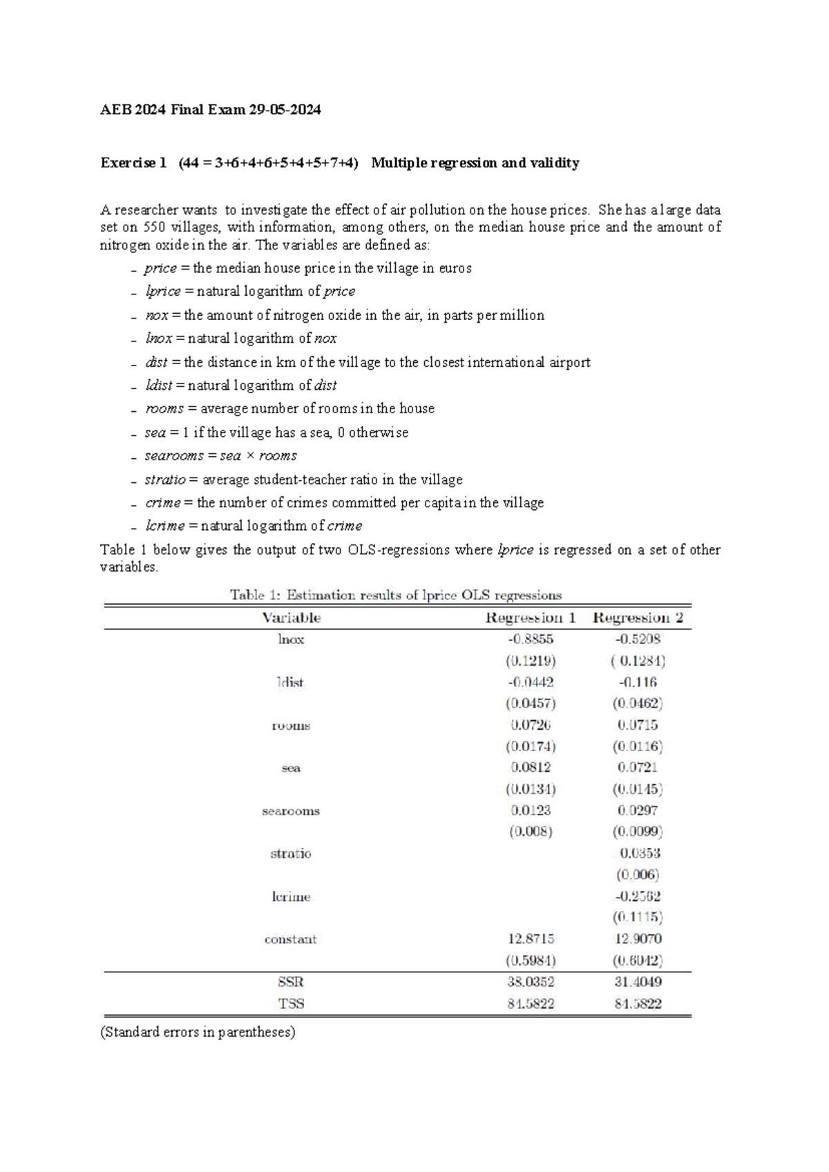 AEB 2024 Final Exam: Multiple Regression & Time Series Analysis ...