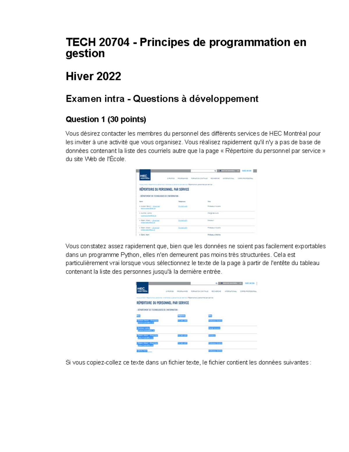 TECH 20704 - Examen Intra Hiver 2022: Questions à Développement - Studocu