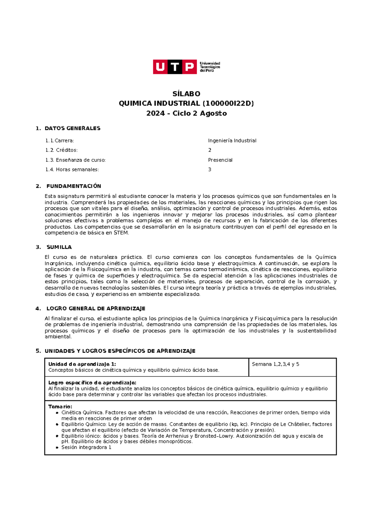 Química Industrial 100000I22D: Sílabo y Contenido del Curso 2024 - Document Preview