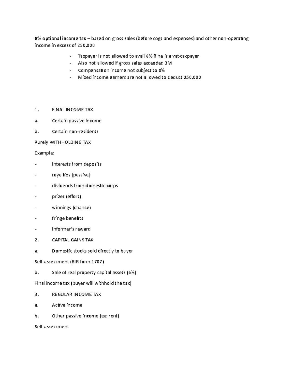 Tax Notes - Final Income Tax Overview (Including 8% Option) - Studocu