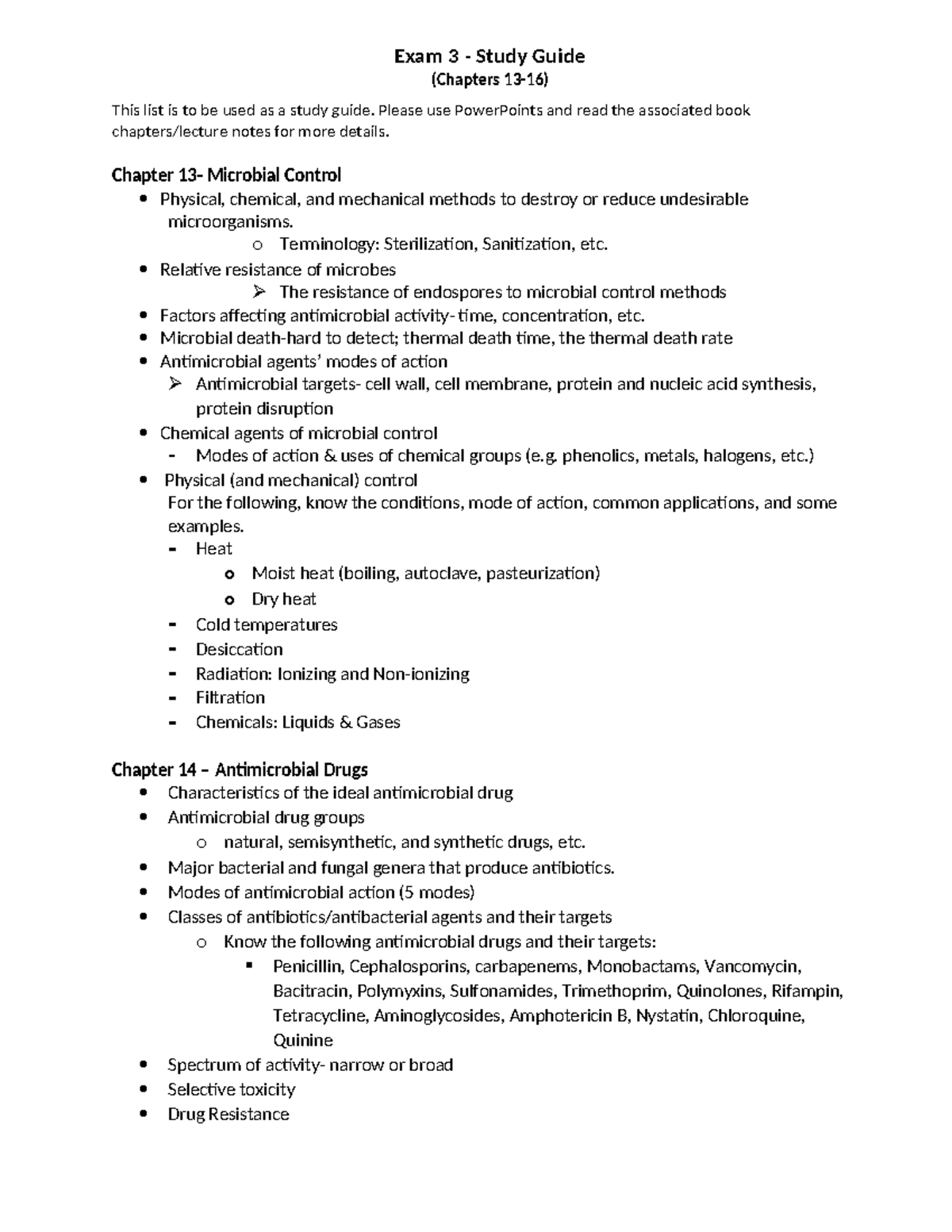 Exam 3 Study Guide - Microbial Control & Antimicrobial Drugs (Ch. 13-16 ...