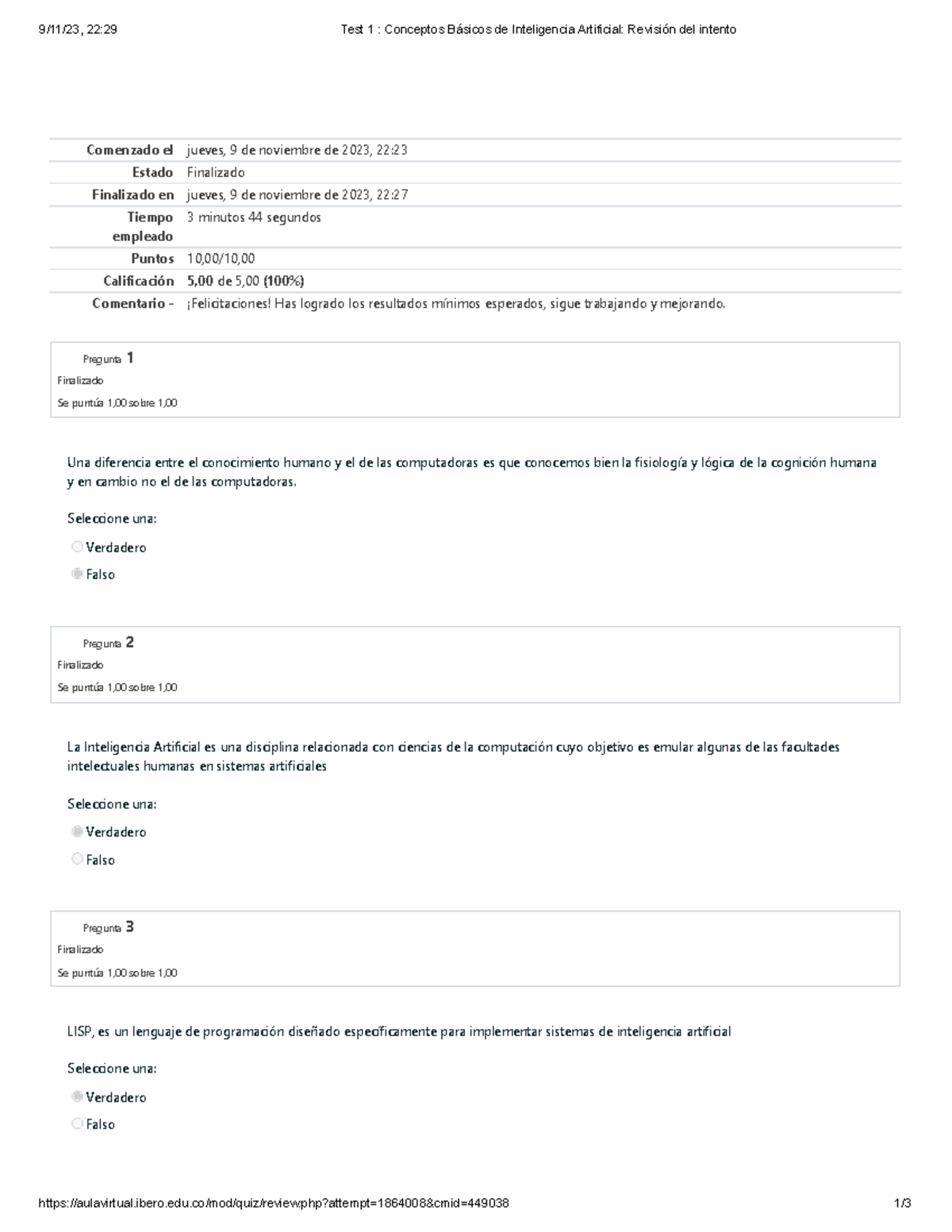 Test 1: Conceptos Básicos de IA - Revisión del Intento y Resultados - Document Preview