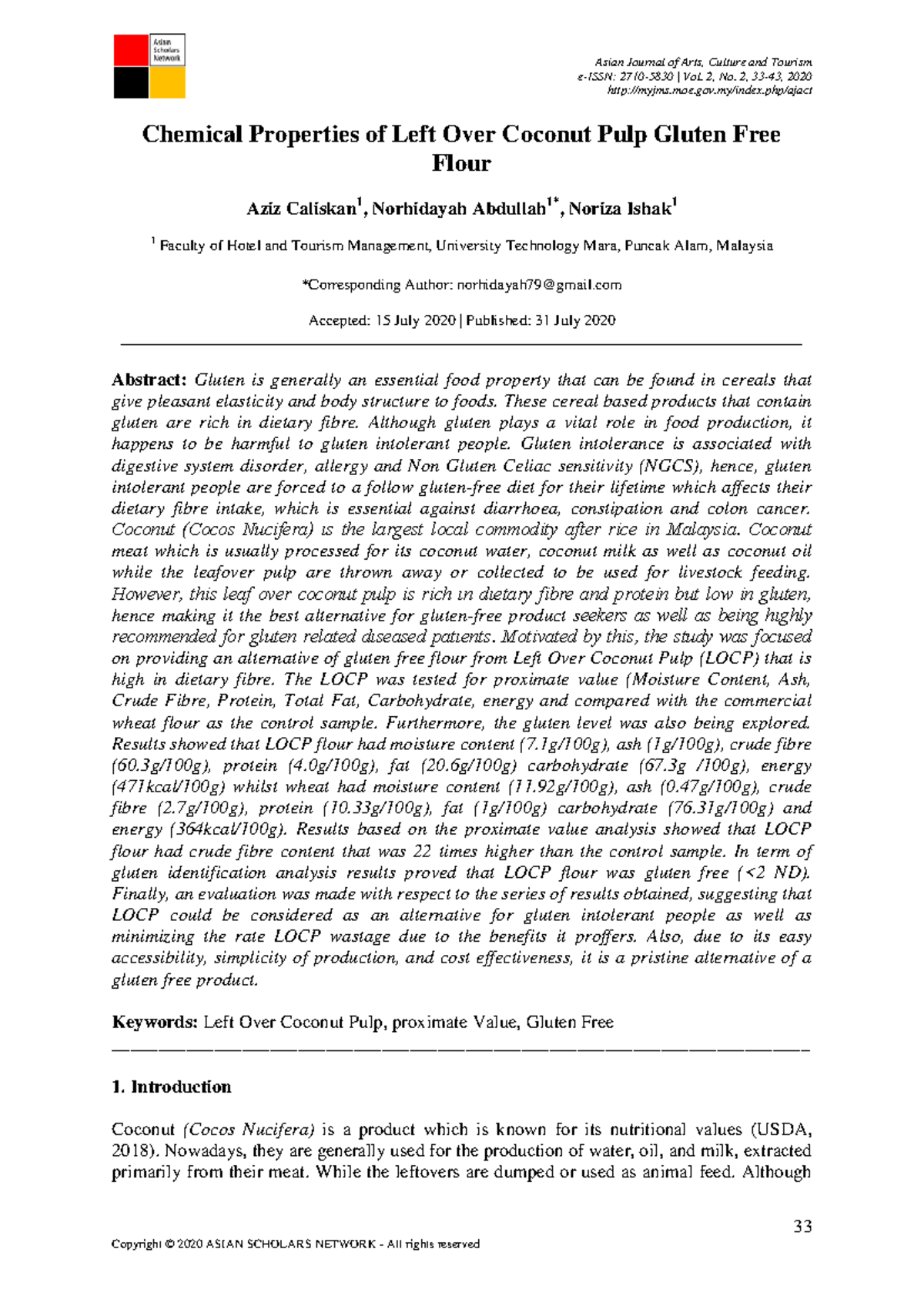 Chemical Properties of Gluten-Free Flour from Left Over Coconut Pulp ...