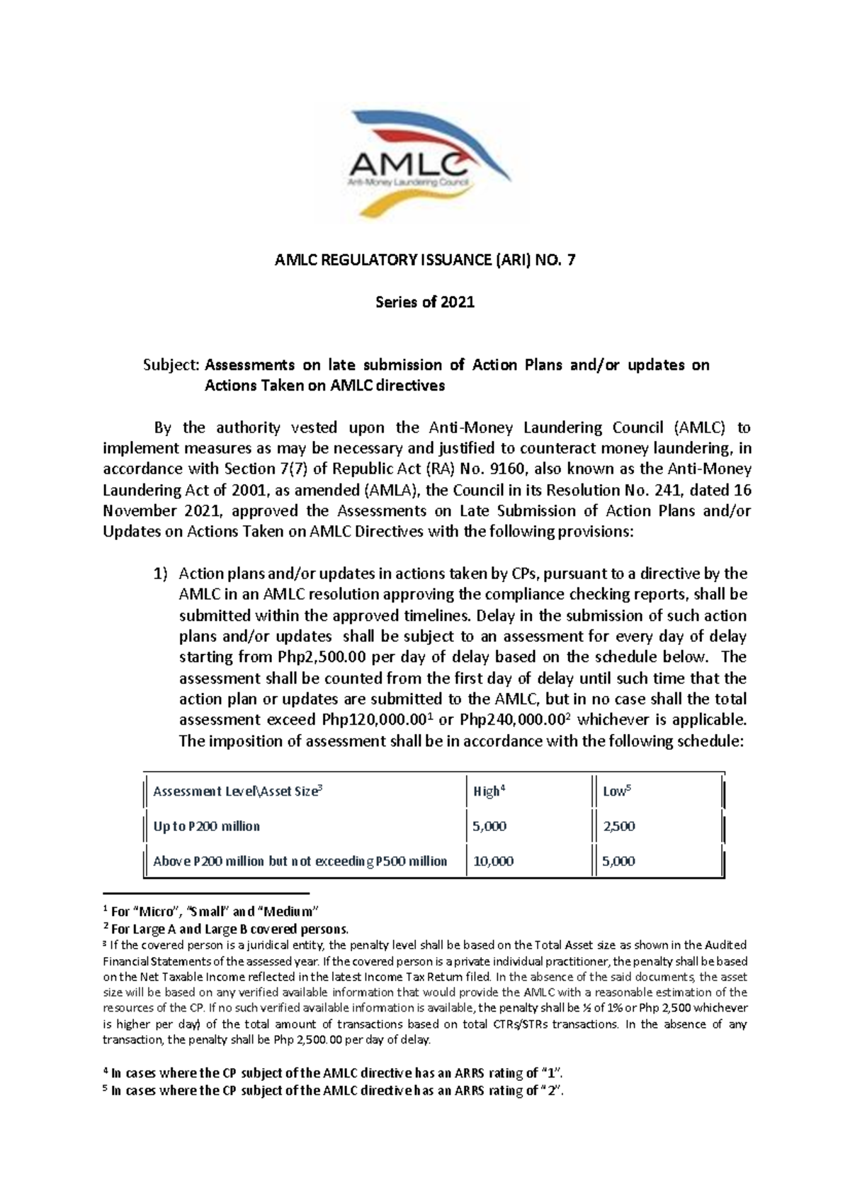 ARI 7 S2021 AMLC Regulation - AMLC REGULATORY ISSUANCE (ARI) NO. 7 ...