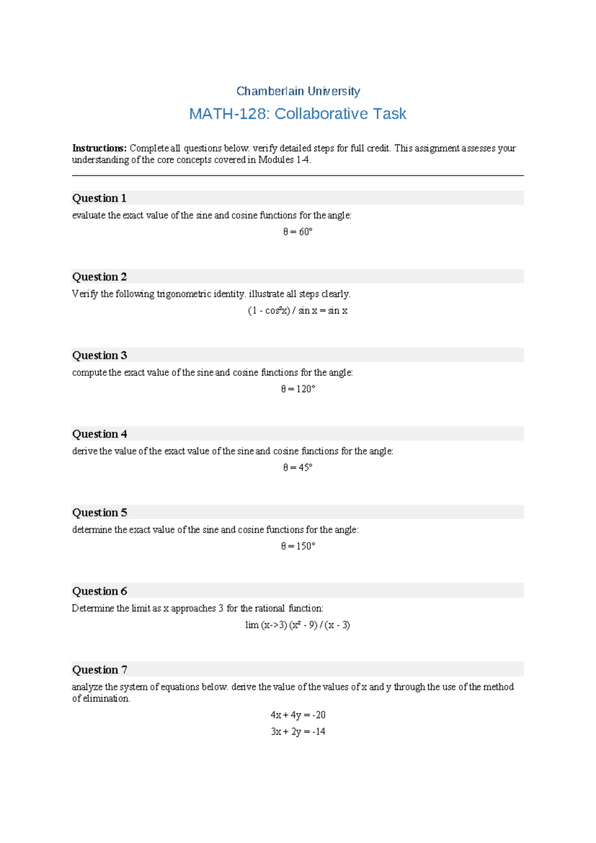 Chamberlain University Collaborative Task: Trigonometry & Calculus ...