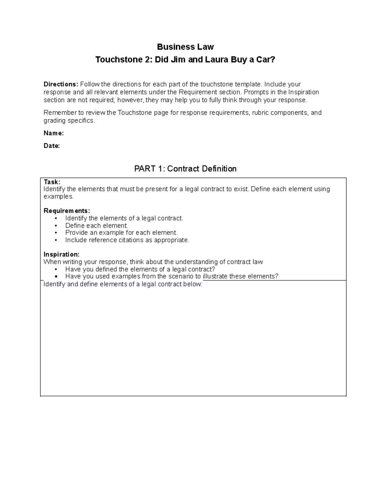 Business Law Touchstone 2: Analyzing Jim and Laura's Car Purchase ...