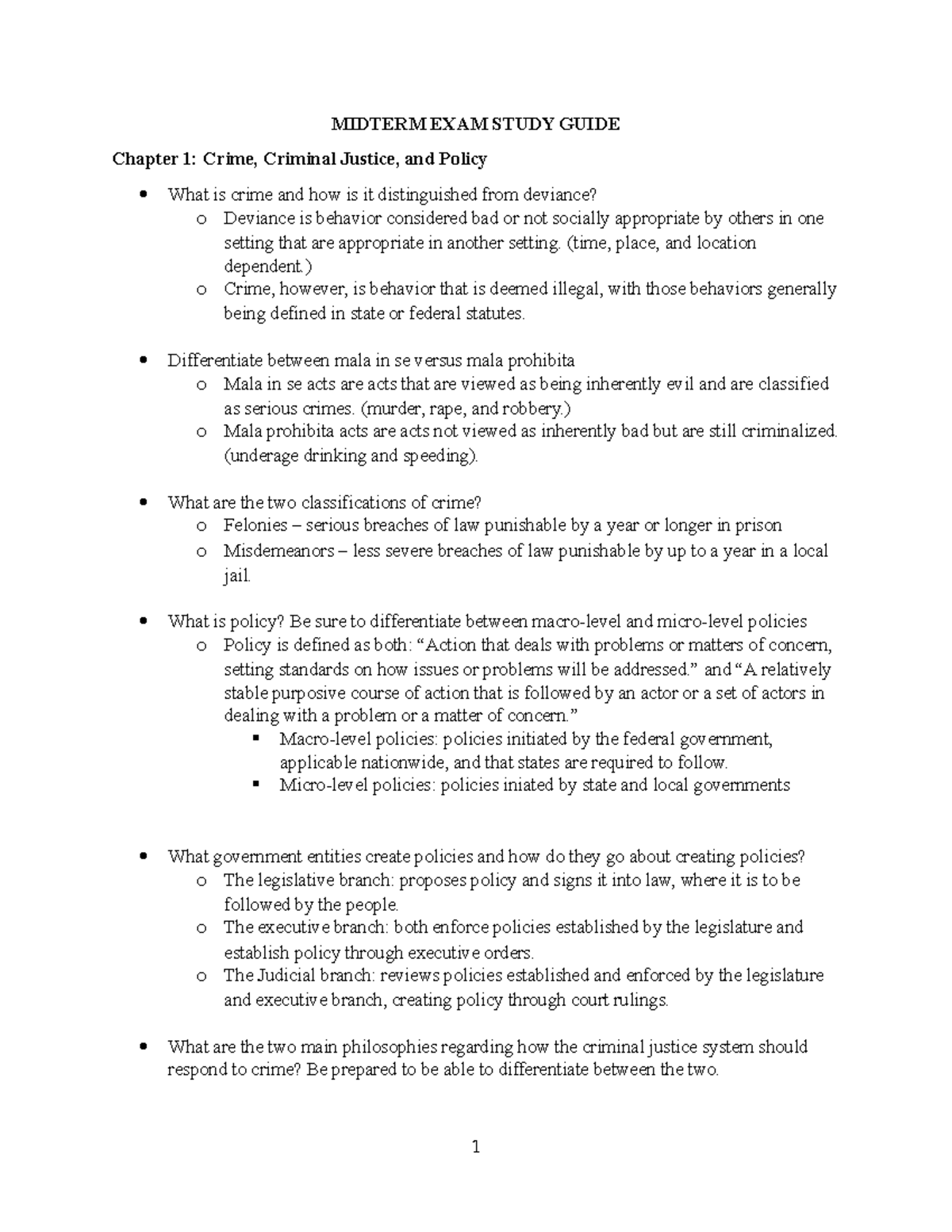 Criminal Justice Policy & Strategies: Midterm Exam Study Guide - Studocu