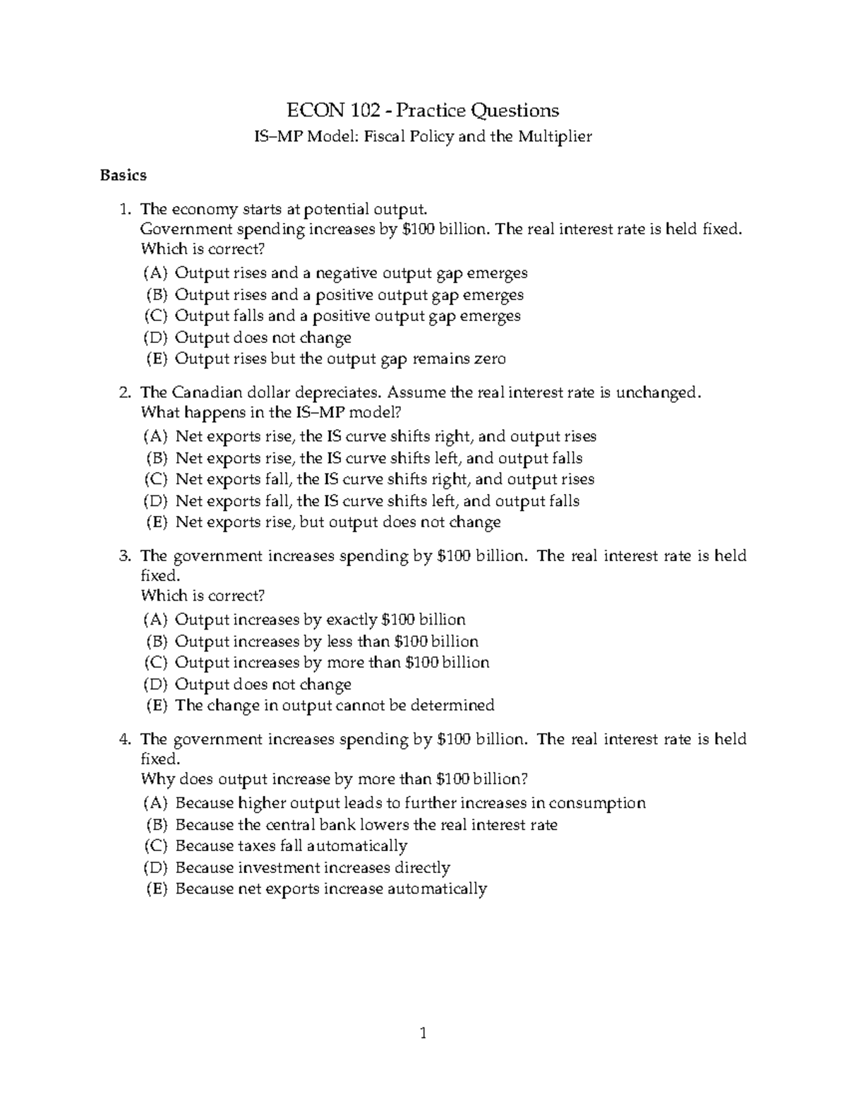 ECON 102 - Practice Questions on IS–MP Model - Studocu
