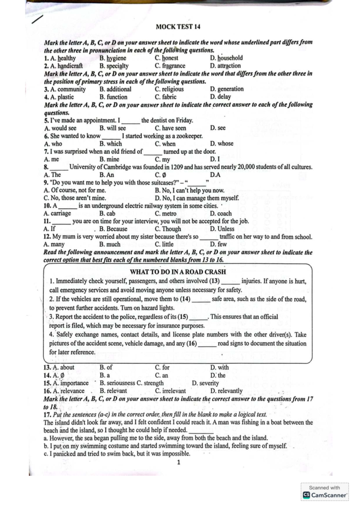 MOCK TEST 14: Pronunciation, Stress, and Vocabulary Questions - Studocu