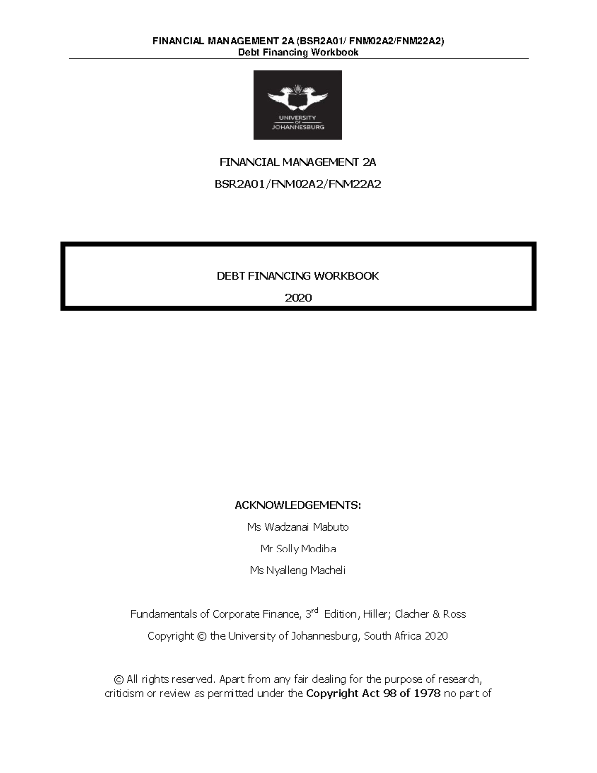 FINANCIAL MANAGEMENT 2A Debt Financing Workbook Guide 2020 - Studocu