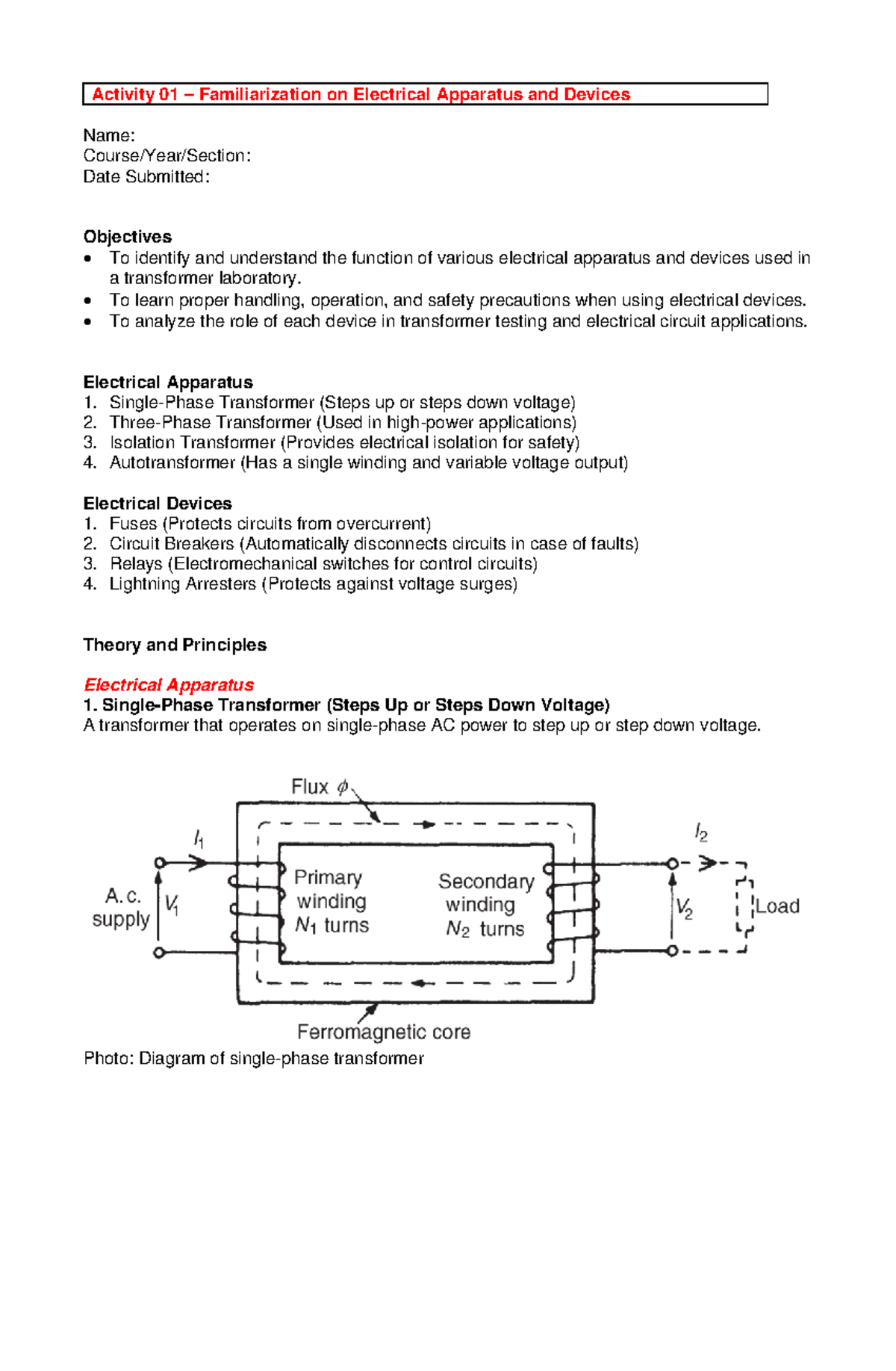 Activity 01: Familiarization with Electrical Apparatus & Devices - Studocu